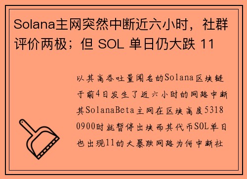 Solana主网突然中断近六小时，社群评价两极；但 SOL 单日仍大跌 11